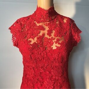 Monique Lhuillier Red Lace High-Neck Backless Dress #130